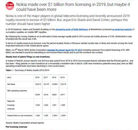 IAM publication Nokia published licensing revenue 2019