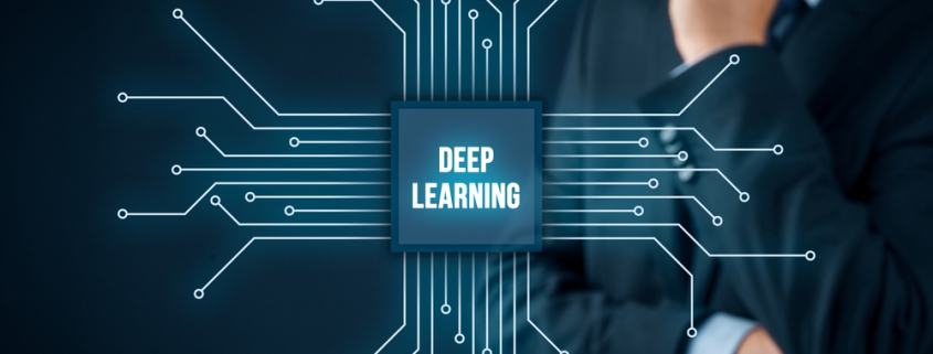 Deep structured learning, hierarchical learning or deep machine learning concept - learning methods based on learning representations of data. Businessman or programmer with abstract symbol of a chip with text deep learning connected with data represented by points.